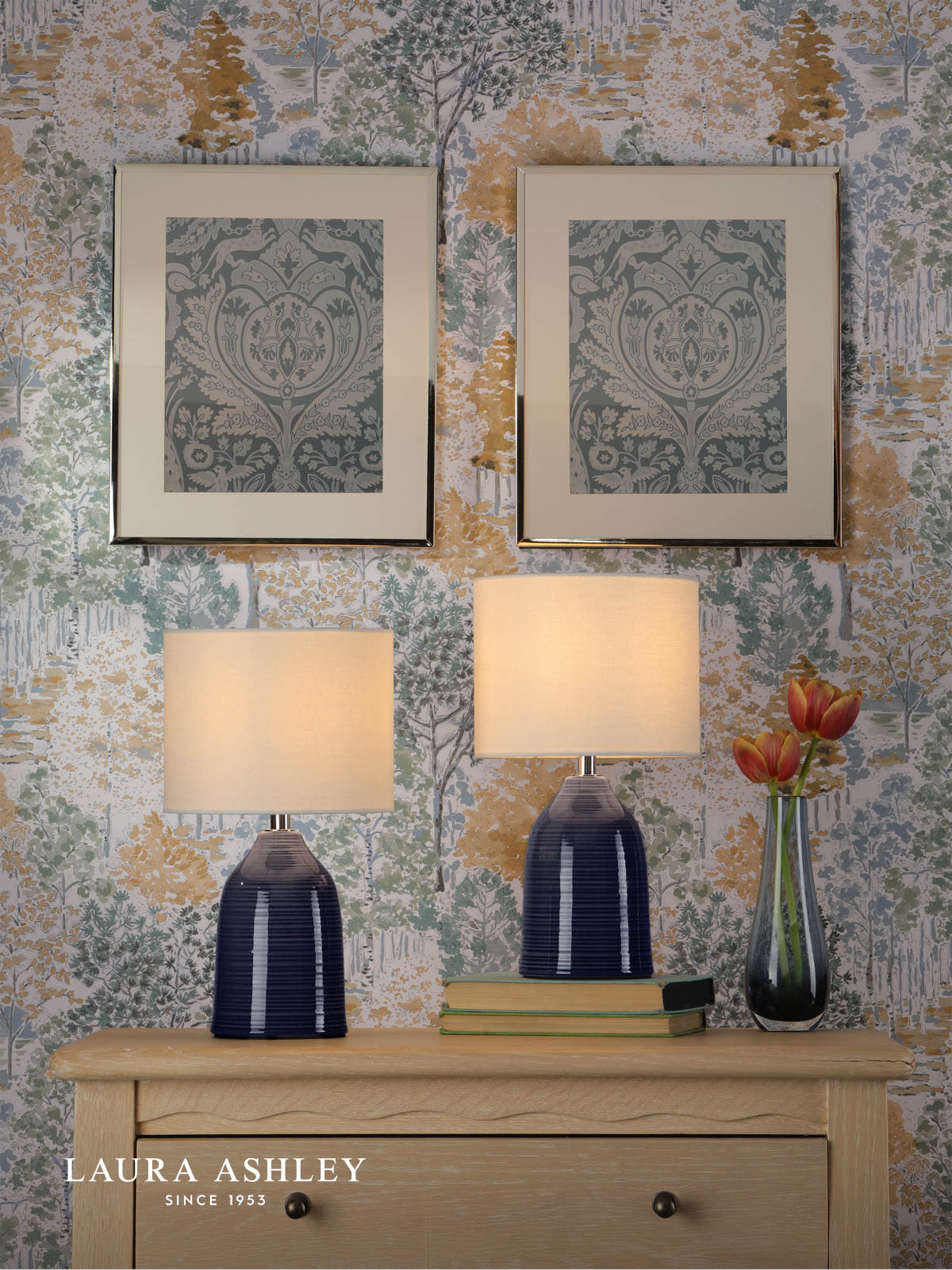 Laura Ashley Penny Twin Pack Table Lamp Blue Ceramic and Polished Chrome With Shade
