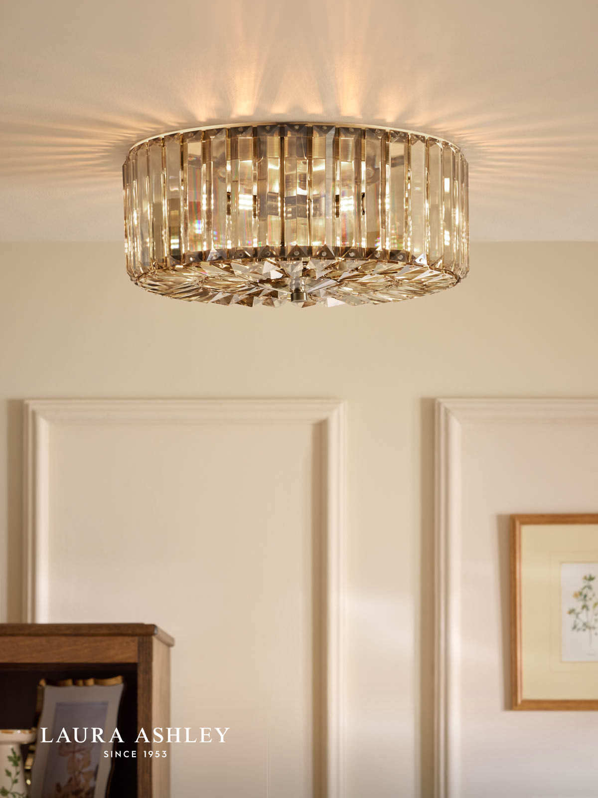 Laura Ashley Fernhurst 3 Light Semi-Flush Antique Brass and Champagne Crystal