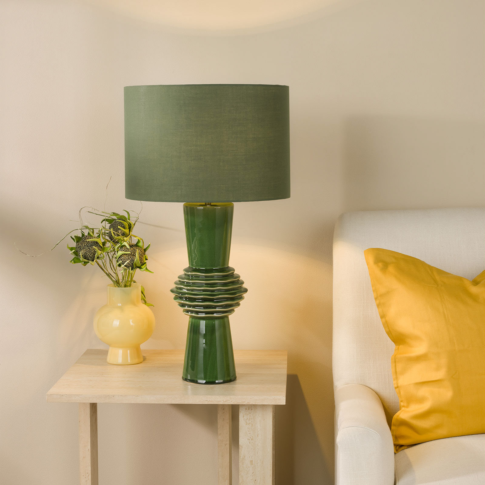 Lagle Table Lamp Green Ceramic and Antique Brass With Shade