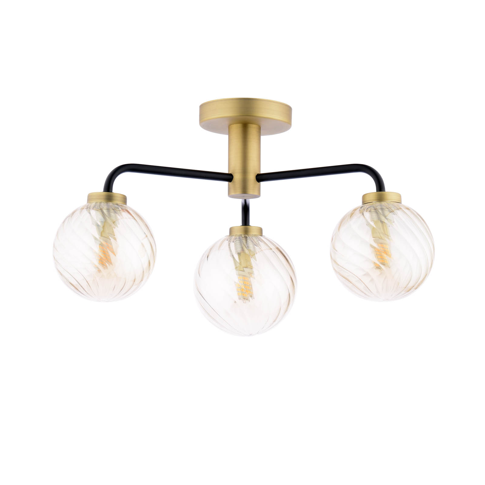 Lainey 3 Light Semi-Flush Matt Black and Antique Brass With Twisted Amber Glass