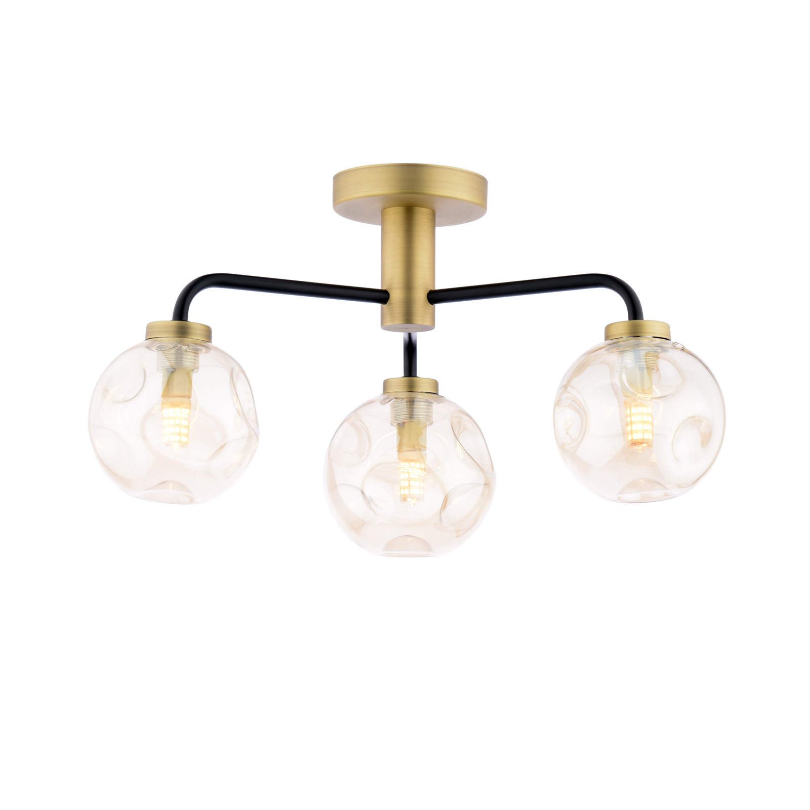 Lainey 3 Light Semi-Flush Matt Black and Antique Brass With Closed Organic Amber Glass