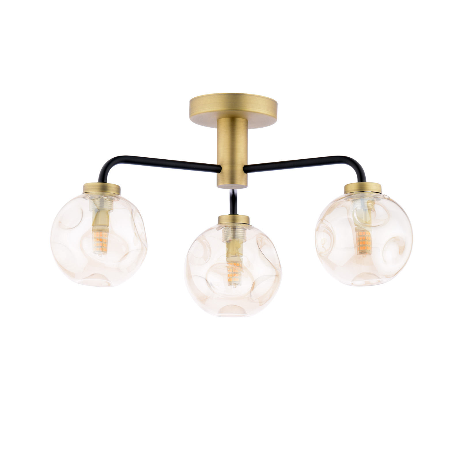 Lainey 3 Light Semi-Flush Matt Black and Antique Brass With Closed Organic Amber Glass