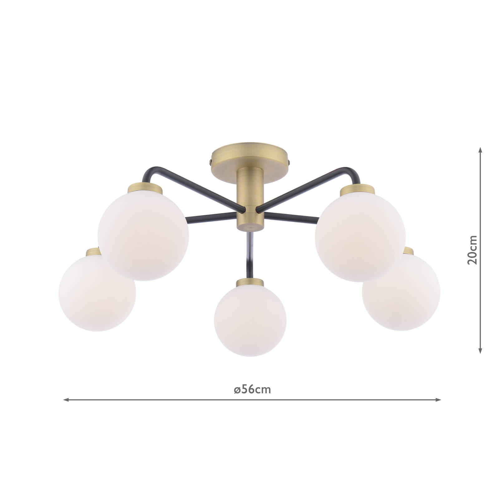 Lainey 5 Light Semi-Flush Matt Black and Antique Brass With Opal Glass