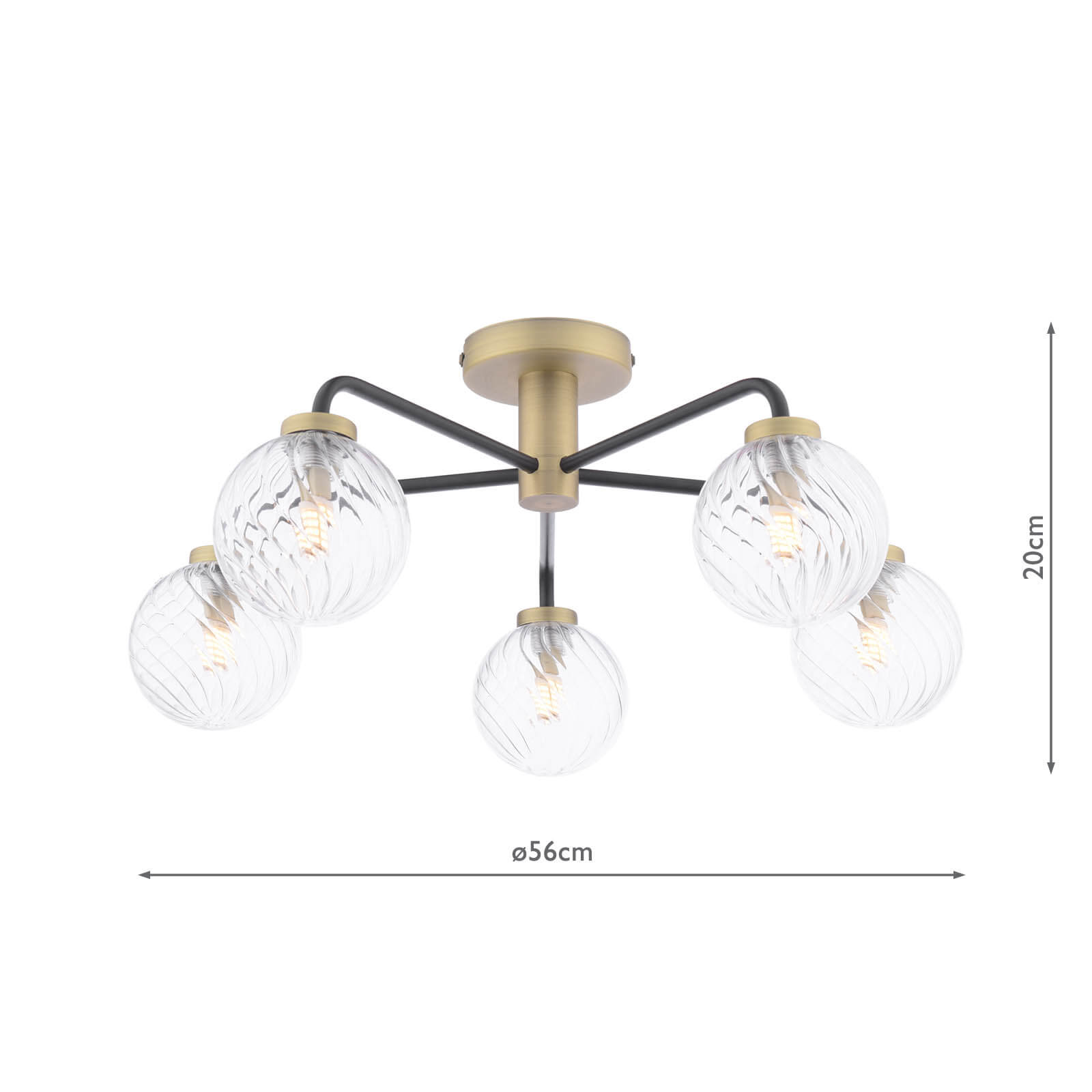 Lainey 5 Light Semi-Flush Matt Black and Antique Brass With Twisted Glass