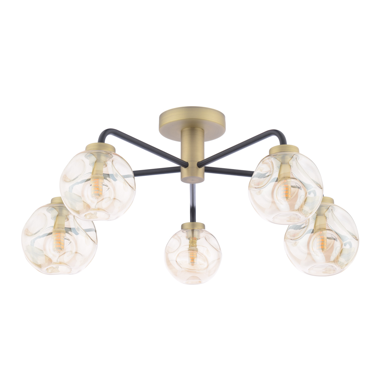 Lainey 5 Light Semi-Flush Matt Black and Antique Brass With Closed Organic Amber Glass