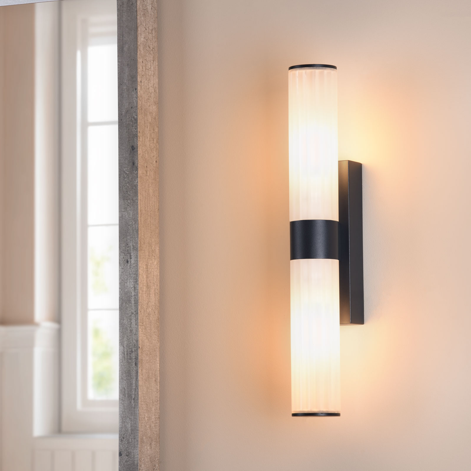 Lars 2 Light Bathroom Wall Light Matt Black and White Frosted Acrylic IP44