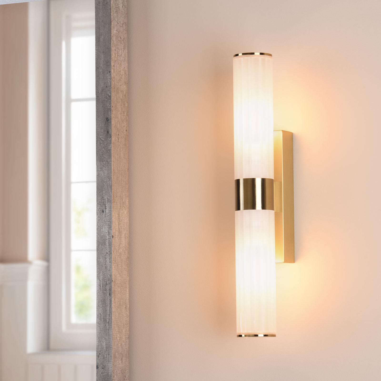 Lars 2 Light Bathroom Wall Light Brushed Gold and White Frosted Acrylic IP44