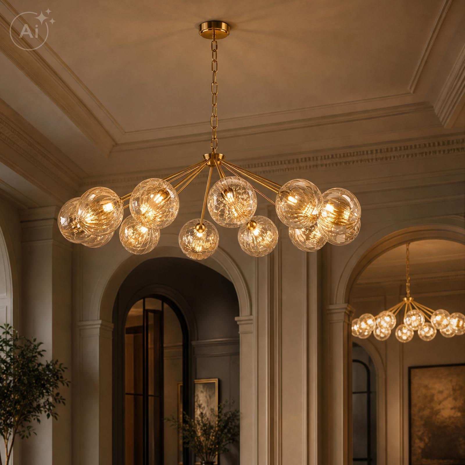 Liora 12 Light Pendant Antique Gold and Amber Ribbed Glass