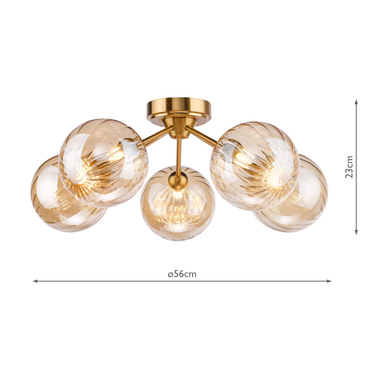 Liora 5 Light Semi-Flush Antique Gold and Amber Ribbed Glass