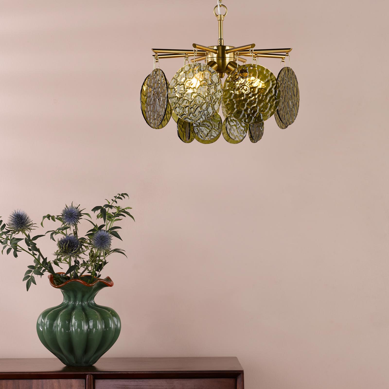 Lumira 4 Light Pendant Natural Brass and Green Glass