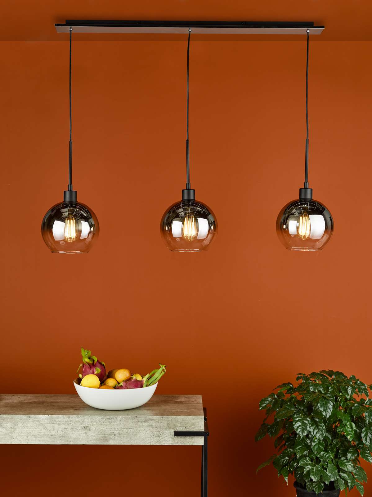 Lycia 3 Light Bar Pendant Matt Black and Smoked Ombre Glass