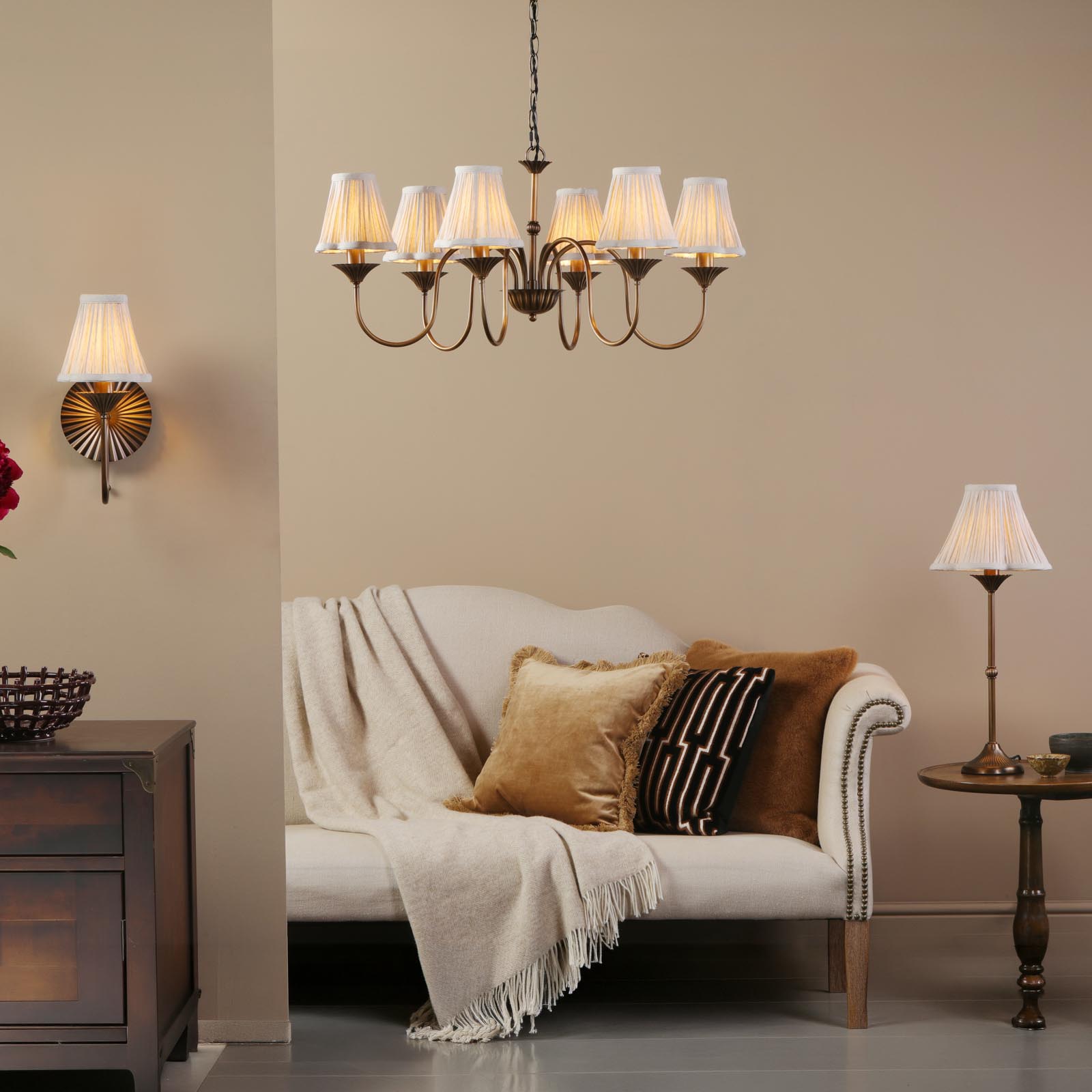Lydian Wall Light Antique Bronze With Linen Scalloped Pleated Shade