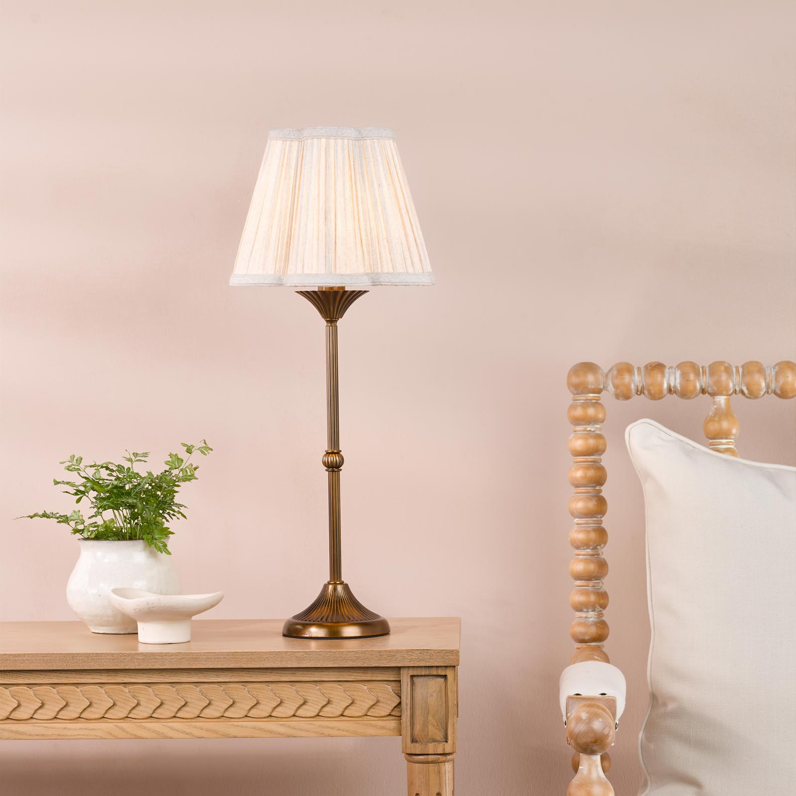 Lydian Table Lamp Antique Bronze With Linen Scalloped Pleated Shade