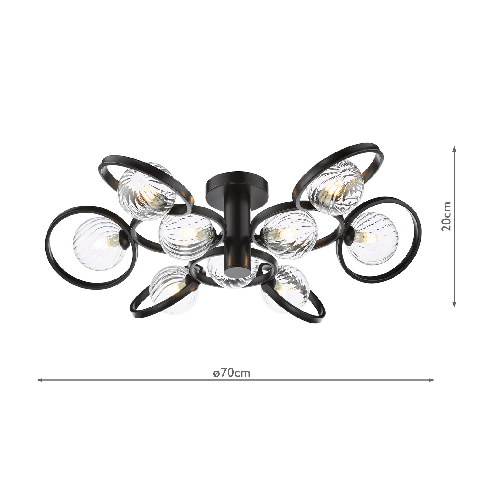 Lynette 9 Light Semi-Flush Satin Black With Twisted Glass