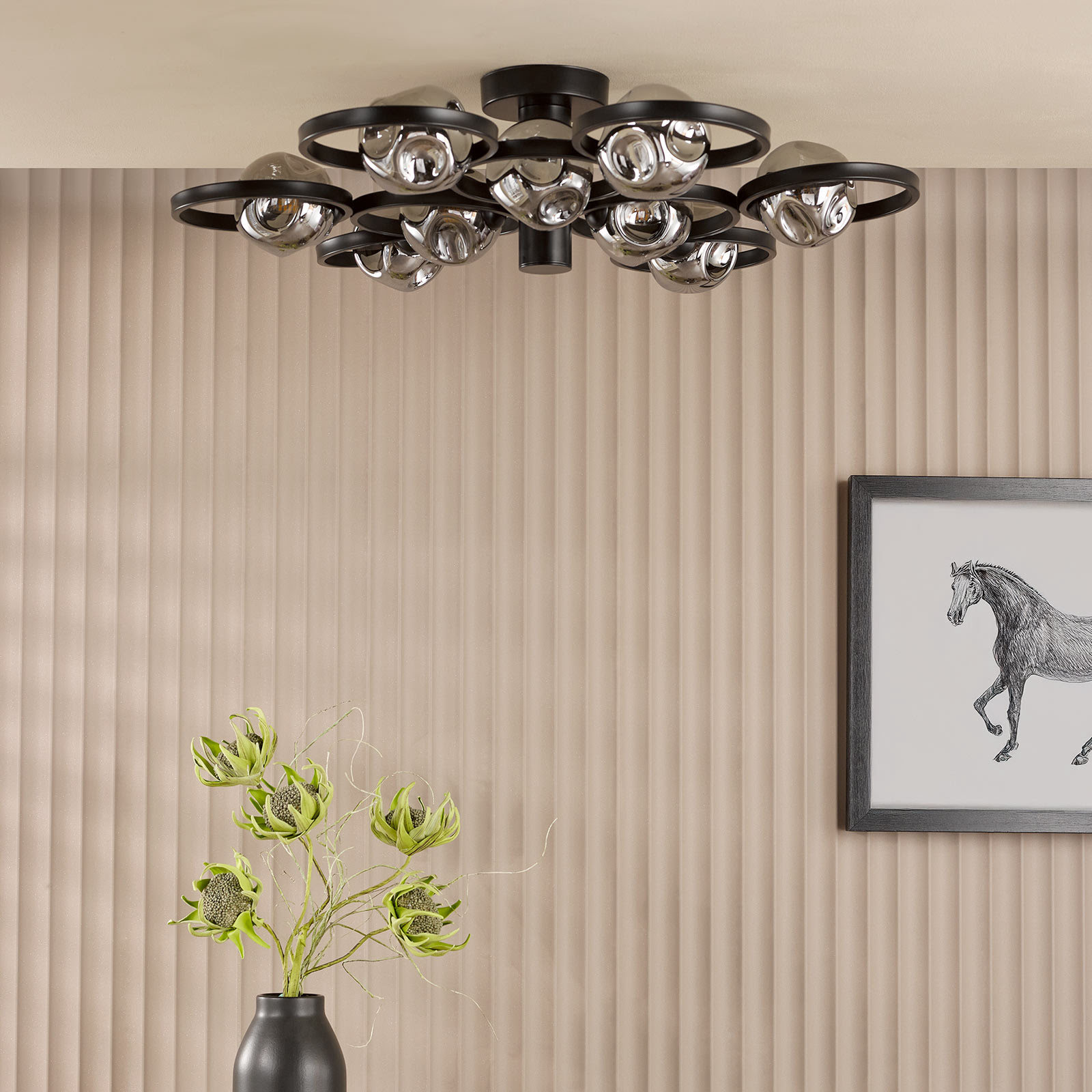 Lynette 9 Light Semi-Flush Satin Black With Closed Organic Smoked Glass