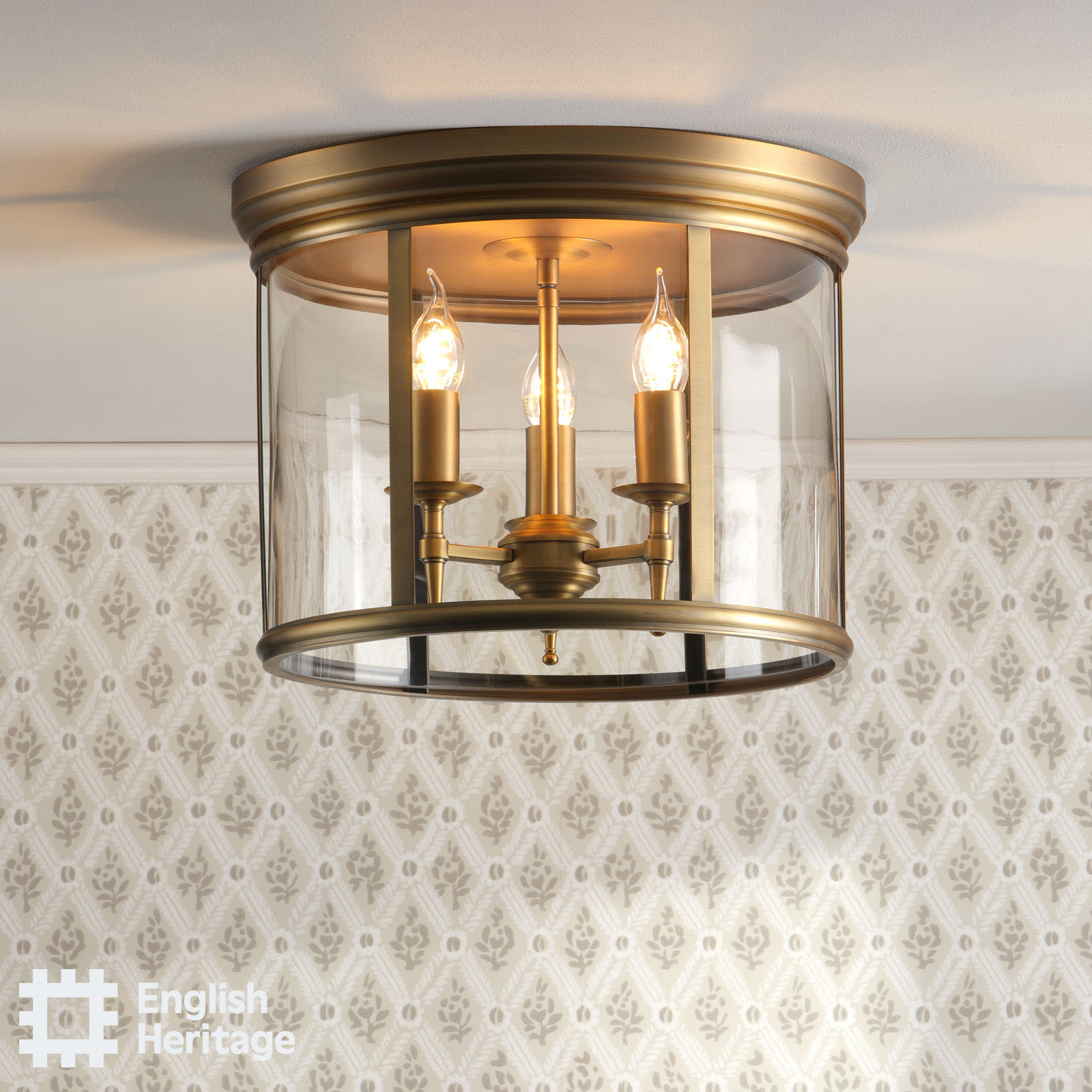 Marble Hill 3 Light Flush Aged Brass and Glass