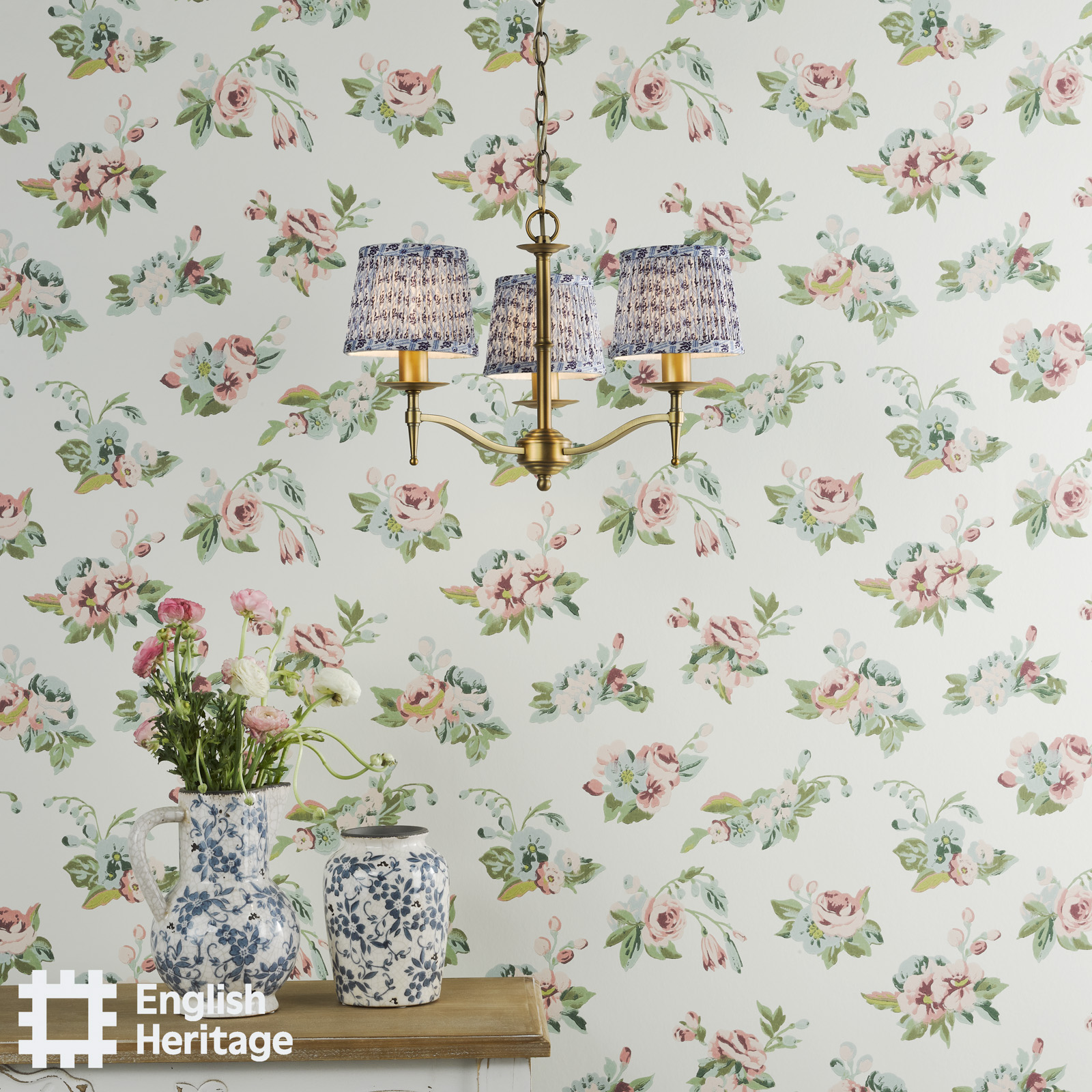 Marble Hill 3 Light Armed Pendant Aged Brass and Blue With Shade