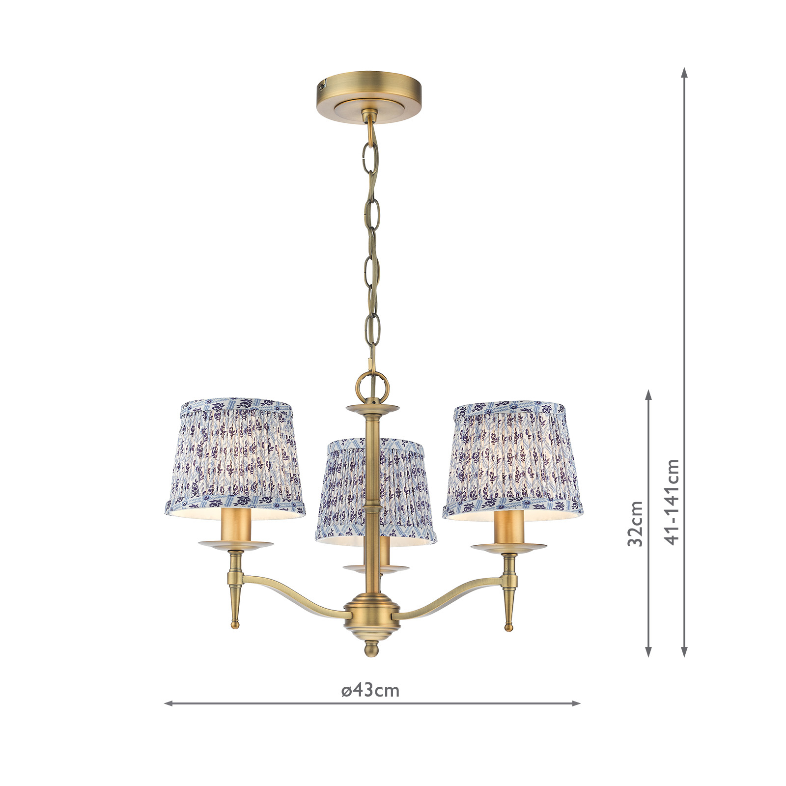 Marble Hill 3 Light Armed Pendant Aged Brass and Blue With Shade