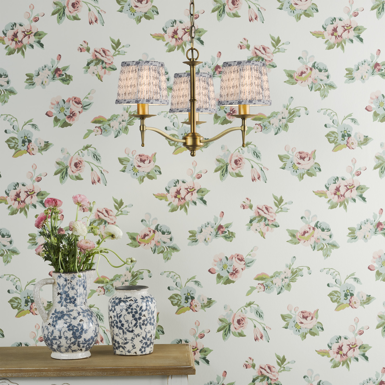 Marble Hill 3 Light Armed Pendant Aged Brass and Grey With Shade