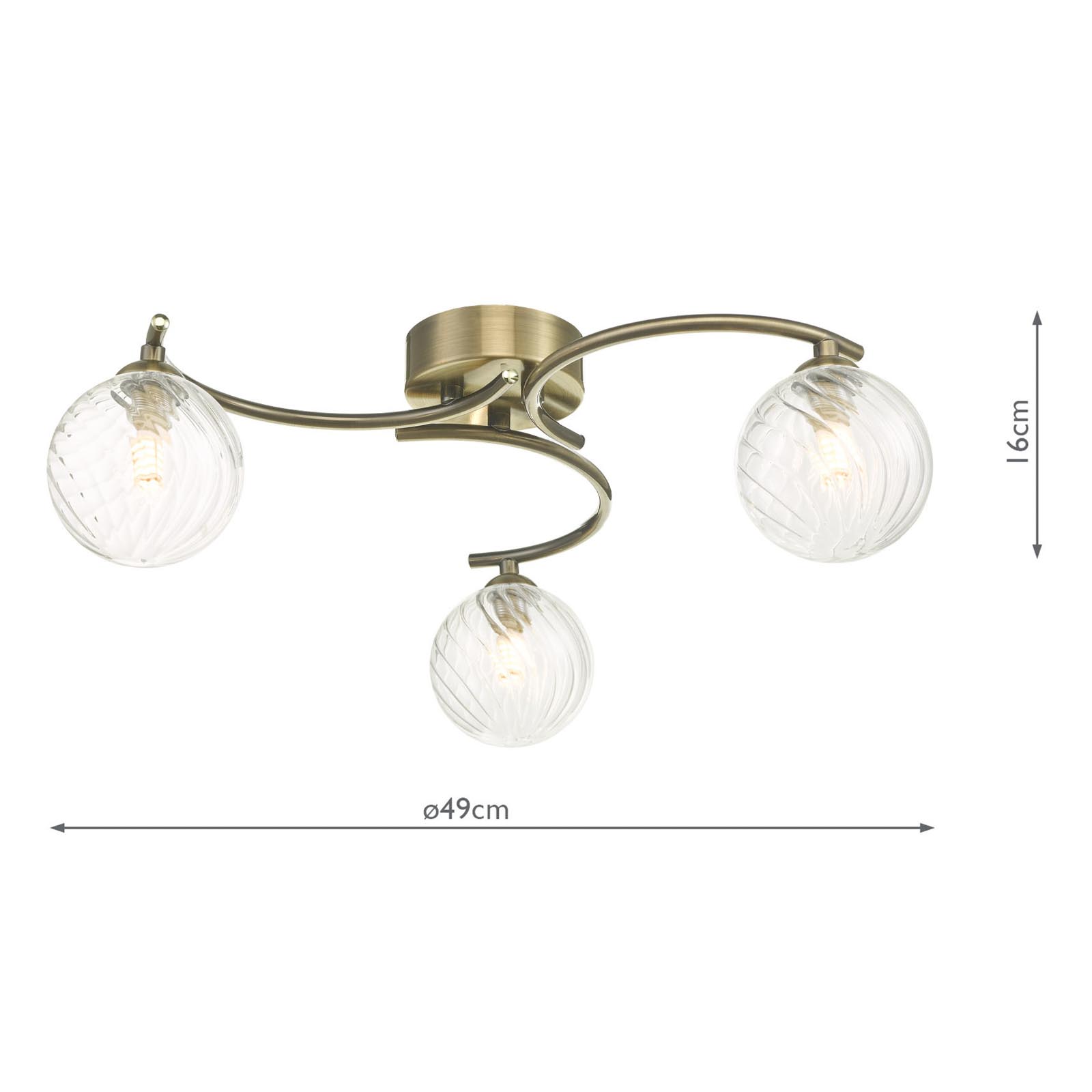 Nakita 3 Light Semi Flush Antique Brass With Twisted Glass