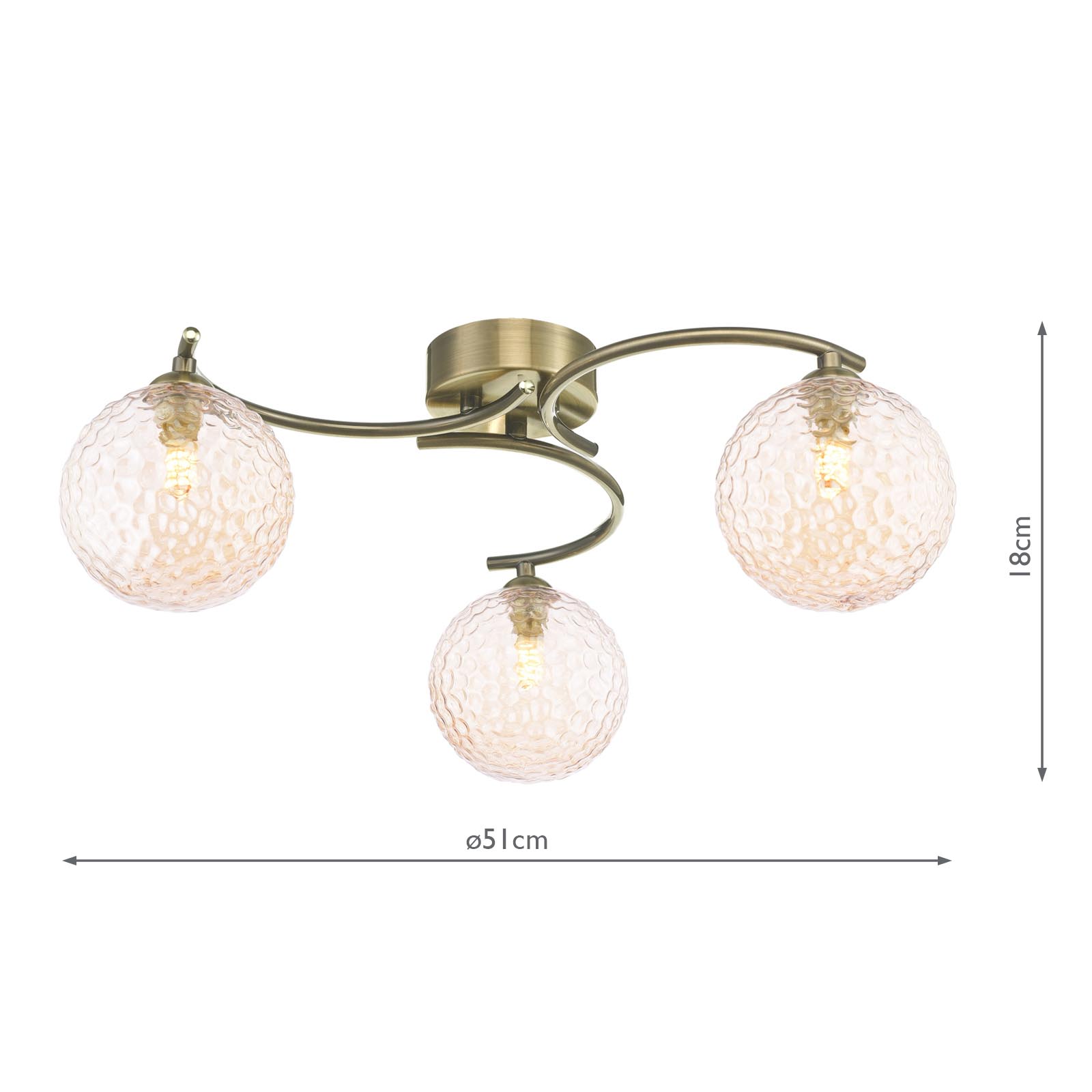 Nakita 3 Light Semi Flush Antique Brass With Amber Hammered Glass