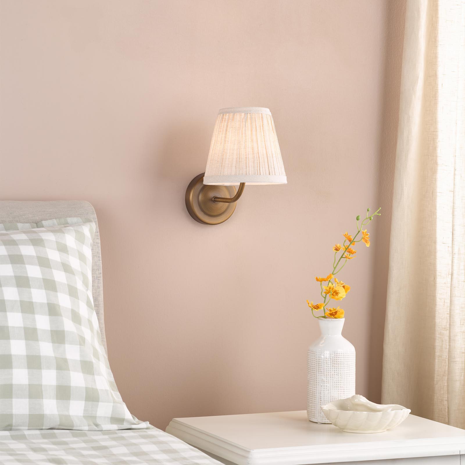 Navarro Rechargeable Wall Light Antique Bronze With Natural Linen Pleated Shade LED