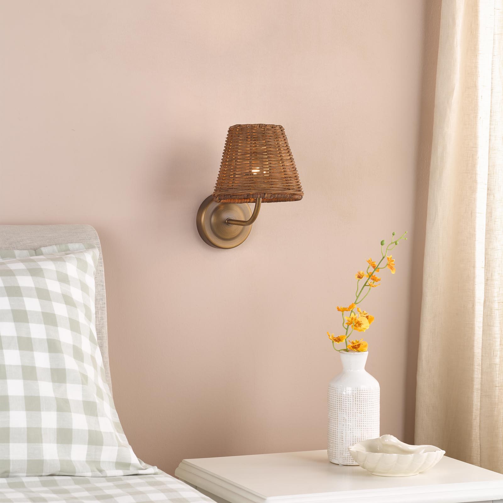 Navarro Rechargeable Wall Light Antique Bronze With Rattan Shade LED