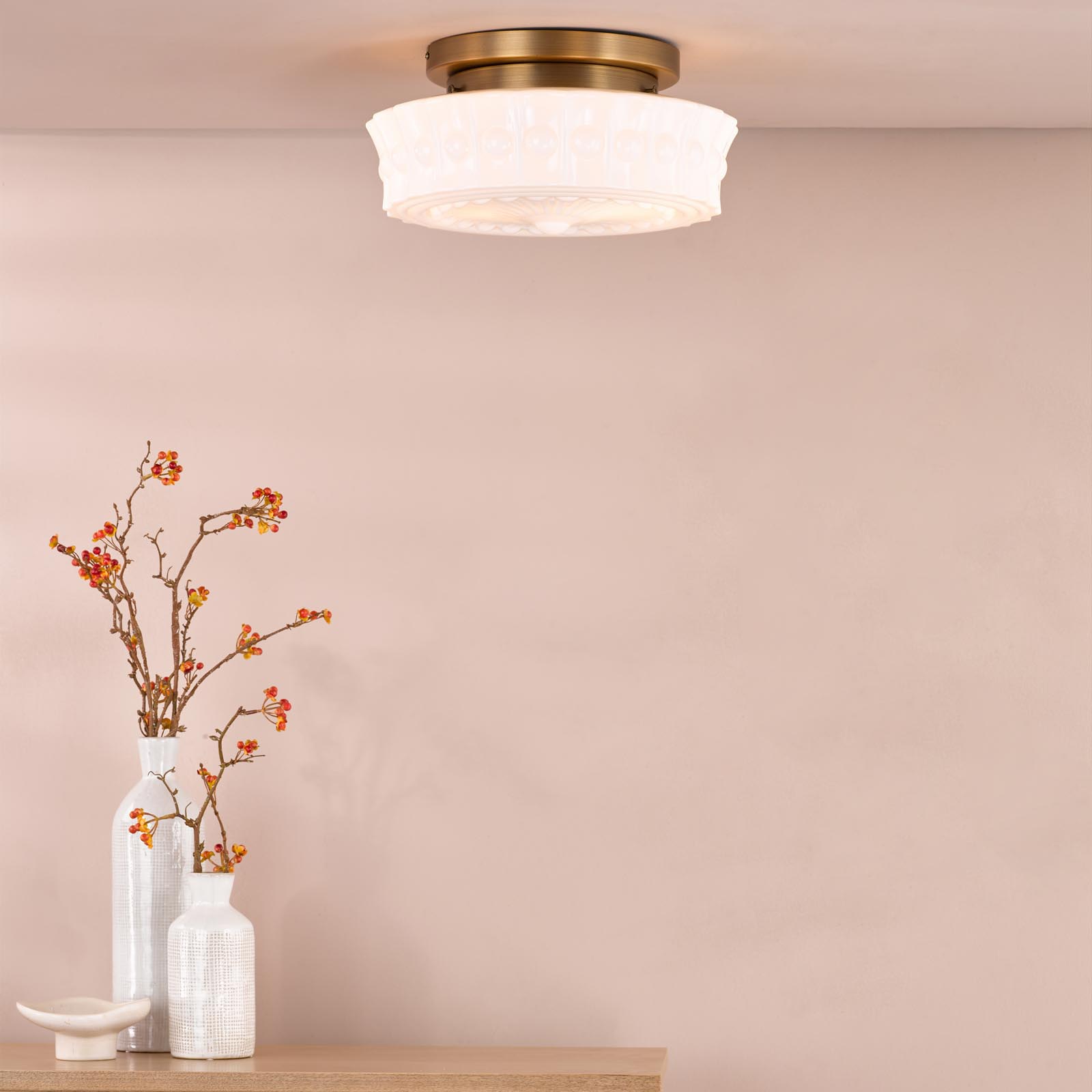 Neema 2 Light Flush Opal Glass and Antique Bronze