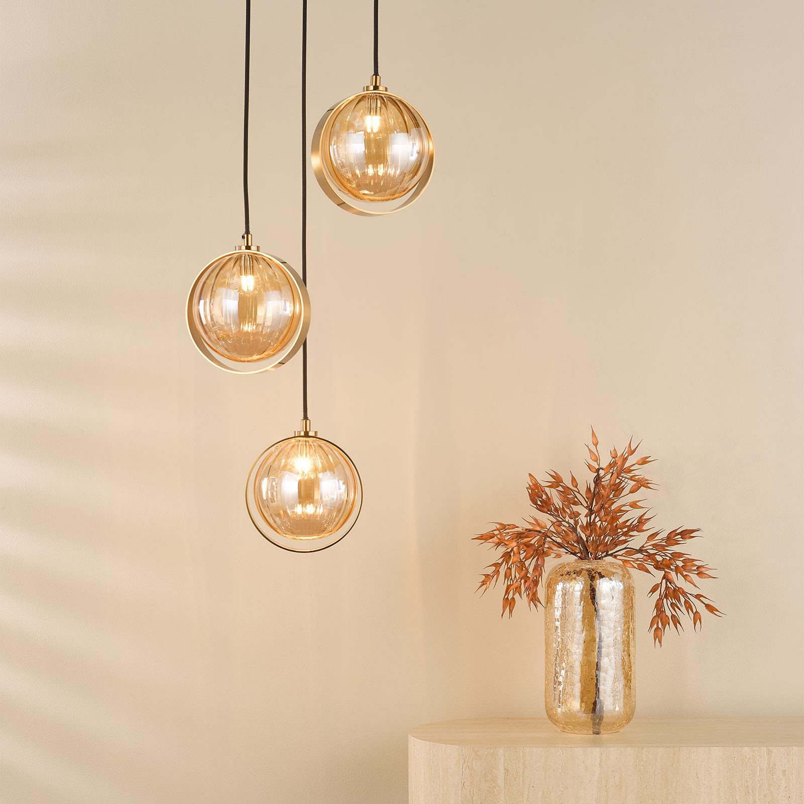 Ophira 3 Light Cluster Pendant Antique Gold and Amber Ribbed Glass