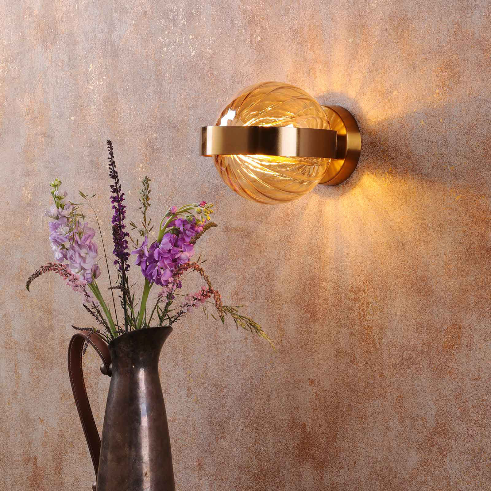 Ophira Wall Light Antique Gold and Amber Ribbed Glass