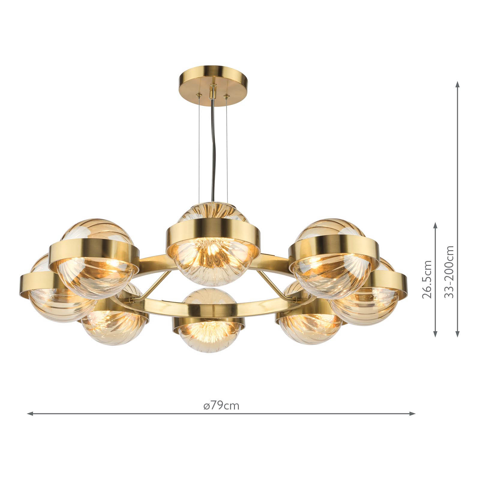 Ophira 8 Light Pendant Antique Gold and Amber Ribbed Glass