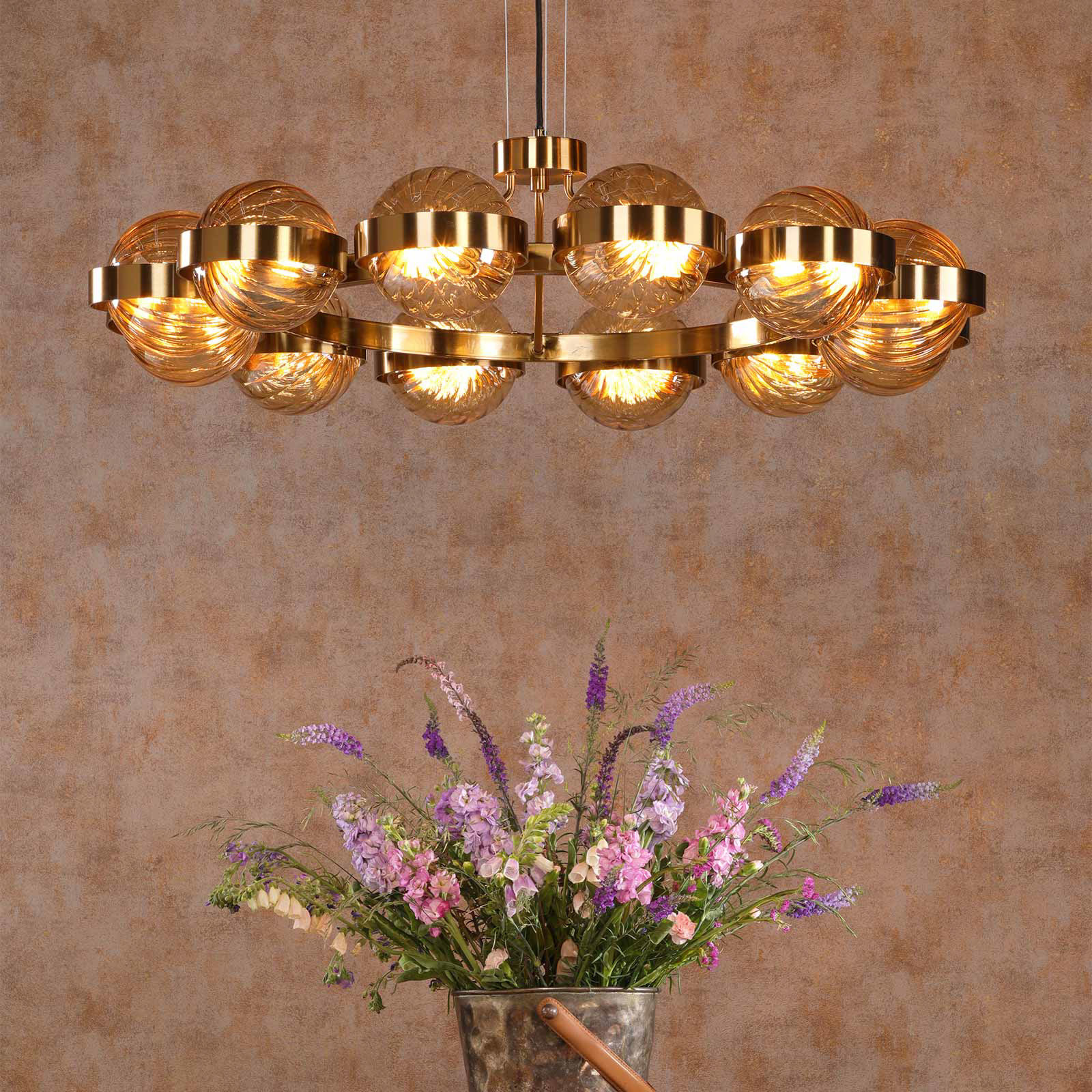 Ophira 12 Light Pendant Antique Gold and Amber Ribbed Glass