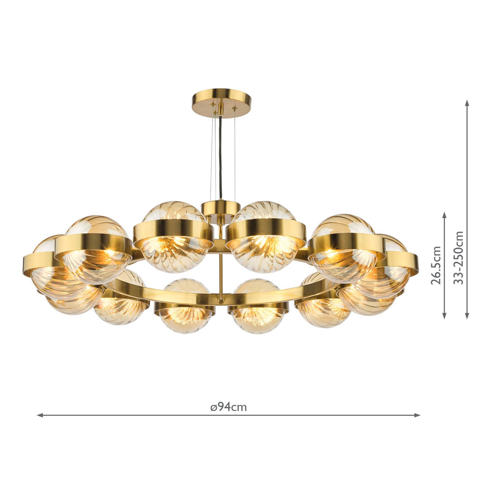Ophira 12 Light Pendant Antique Gold and Amber Ribbed Glass