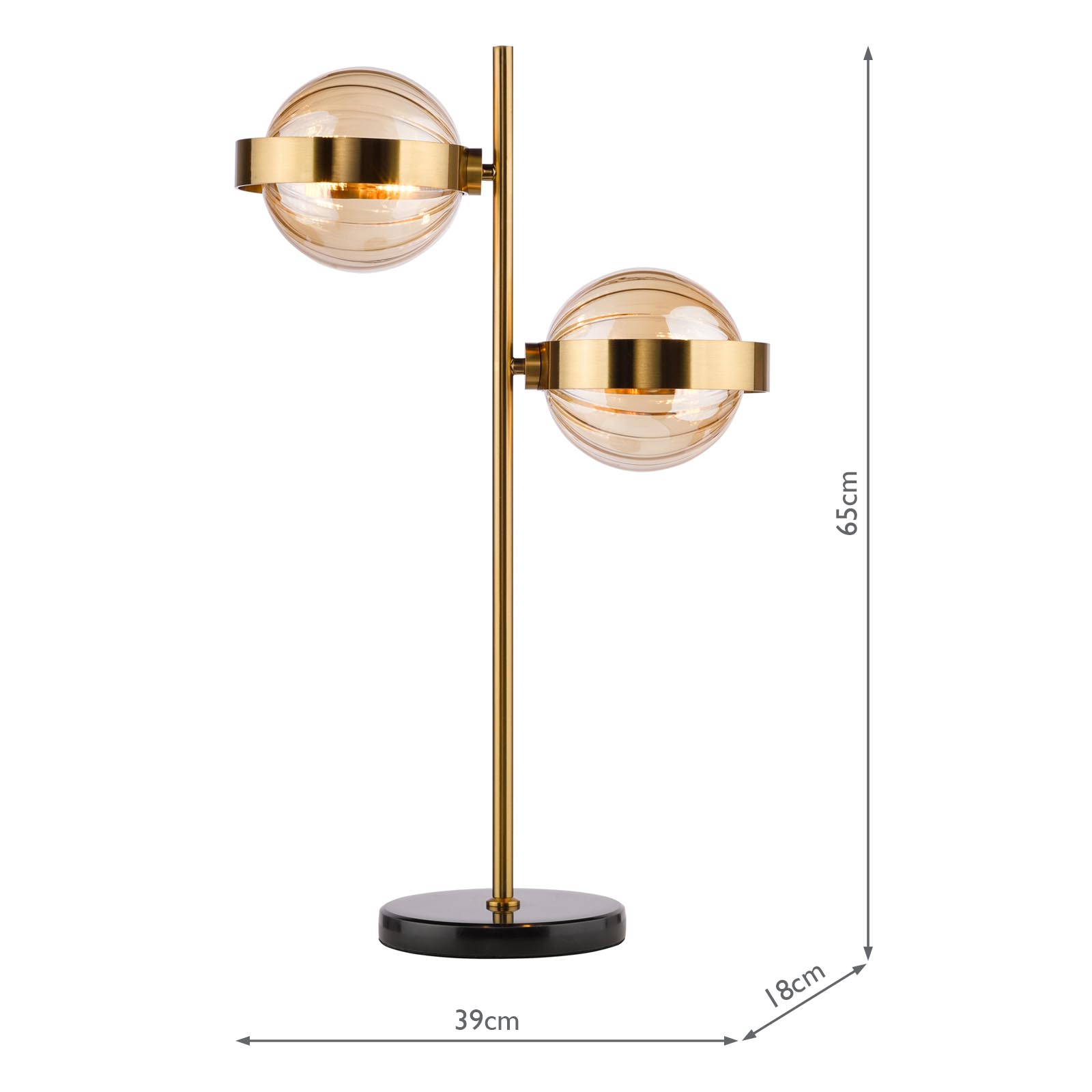 Ophira 2 Light Table Lamp Antique Gold Black Marble and Amber Ribbed Glass 