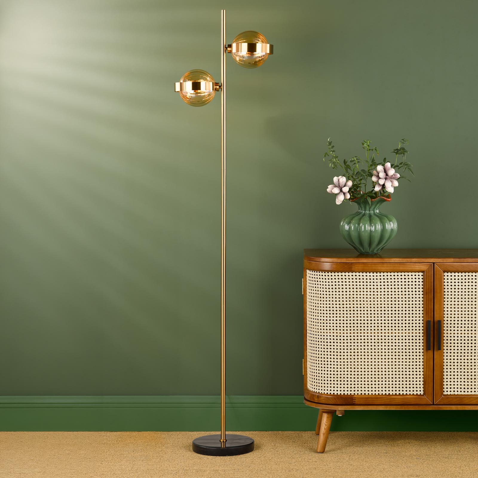 Ophira 2 Light Floor Lamp Antique Gold Black Marble and Amber Ribbed Glass