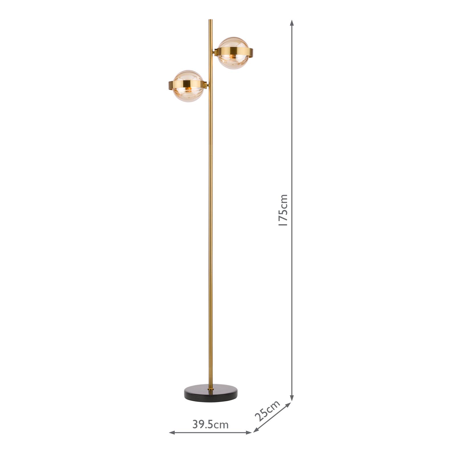 Ophira 2 Light Floor Lamp Antique Gold Black Marble and Amber Ribbed Glass