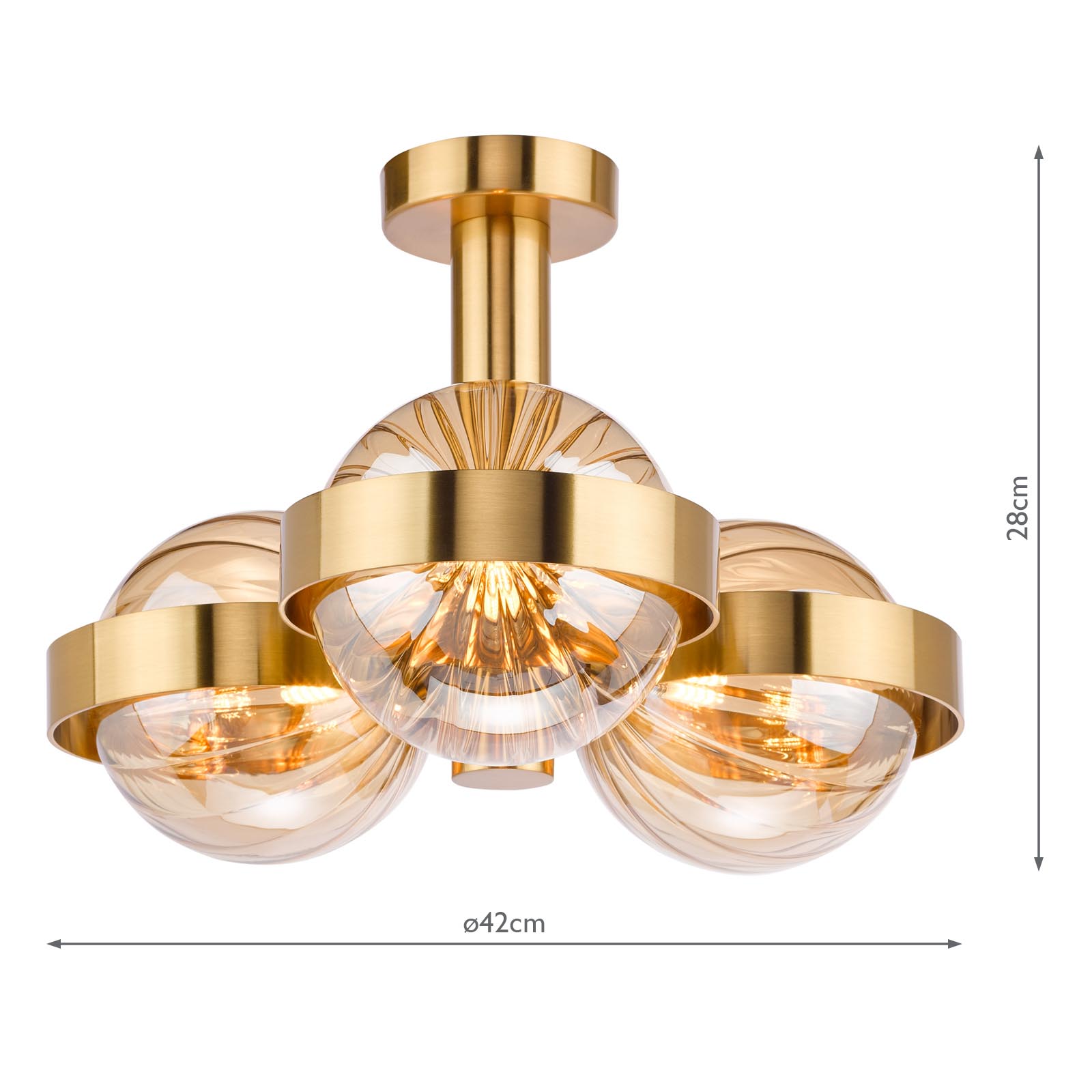 Ophira 3 Light Semi-Flush Antique Gold and Amber Ribbed Glass