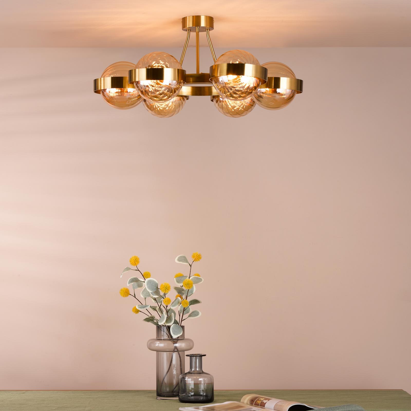 Ophira 6 Light Semi-Flush Antique Gold and Amber Ribbed Glass