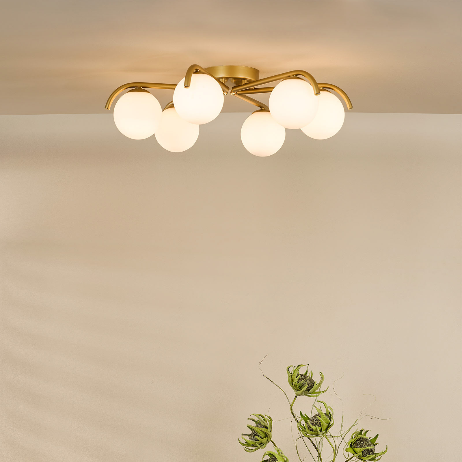 Orlena 6 Light Flush Satin Gold and Opal Glass