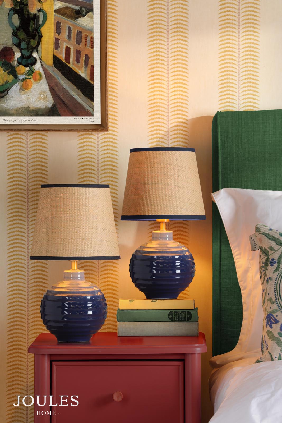 Joules Montacute Twin Pack Table Lamp Blue Ceramic and Matt Antique Brass With Shade