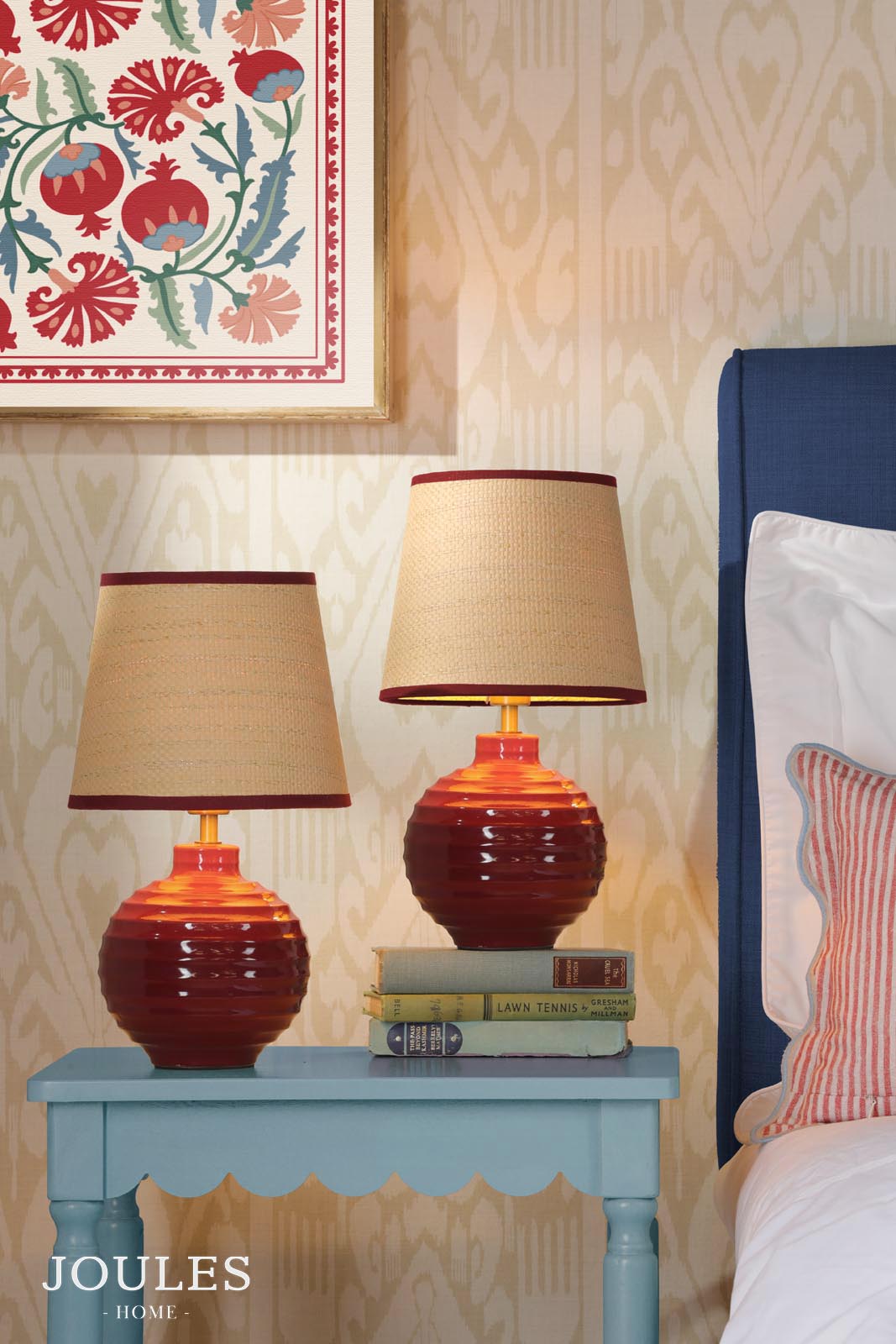 Joules Montacute Twin Pack Table Lamp Red Ceramic and Matt Antique Brass With Shade