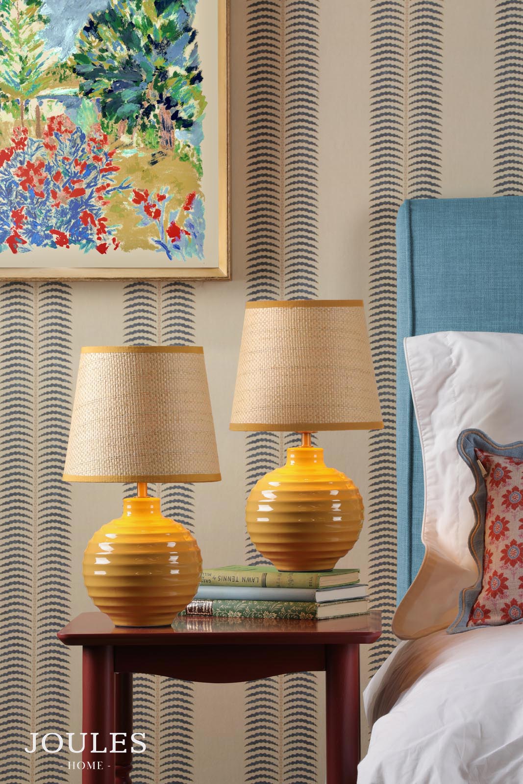 Joules Montacute Twin Pack Table Lamp Yellow Ceramic and Matt Antique Brass With Shade