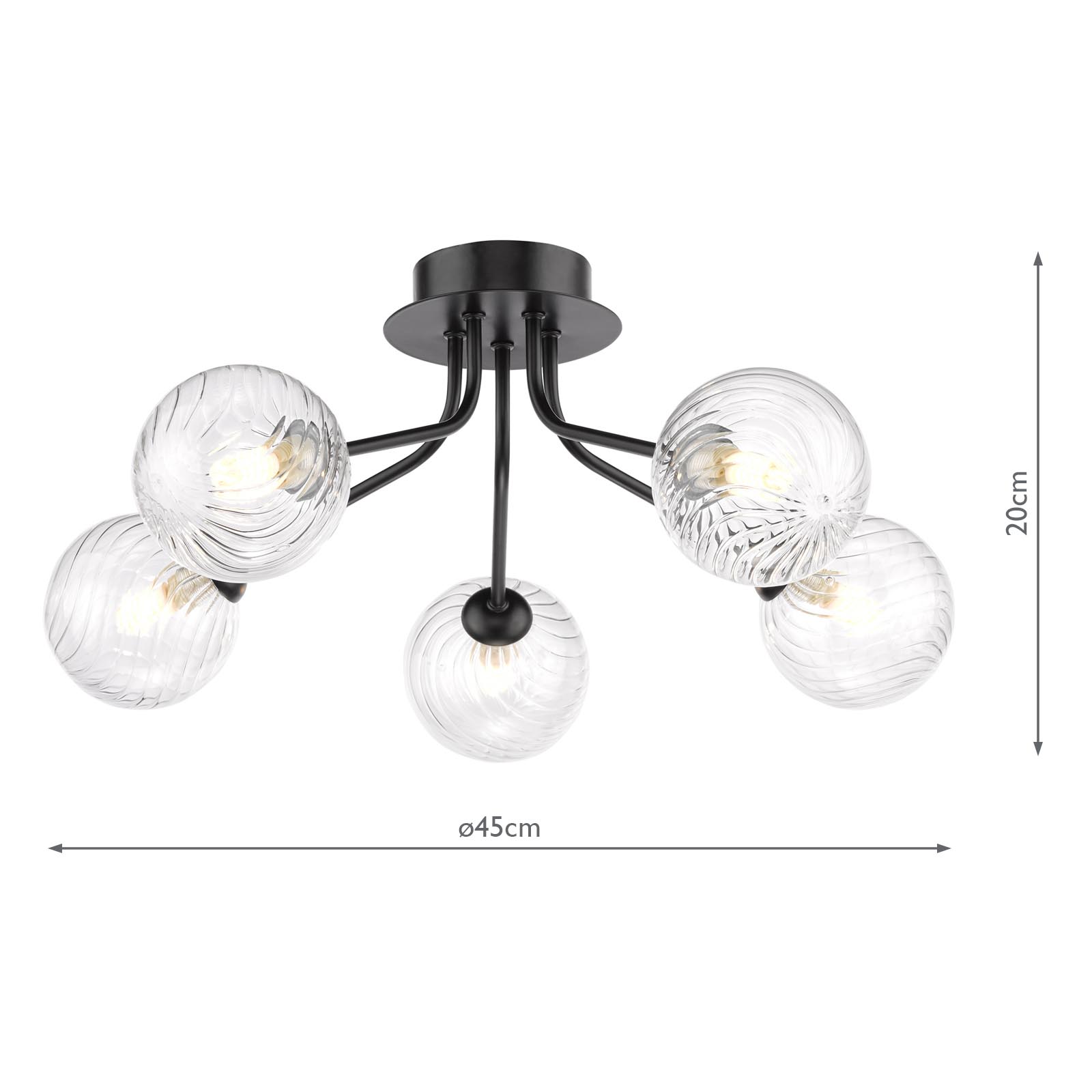 Poyen 5 Light Semi-Flush Matt Black and Ribbed Glass