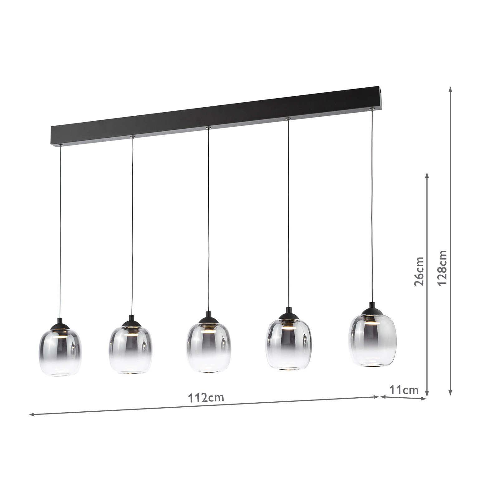 Ramona 5 Light Bar Pendant Matt Black and Smoked Ombre Glass LED