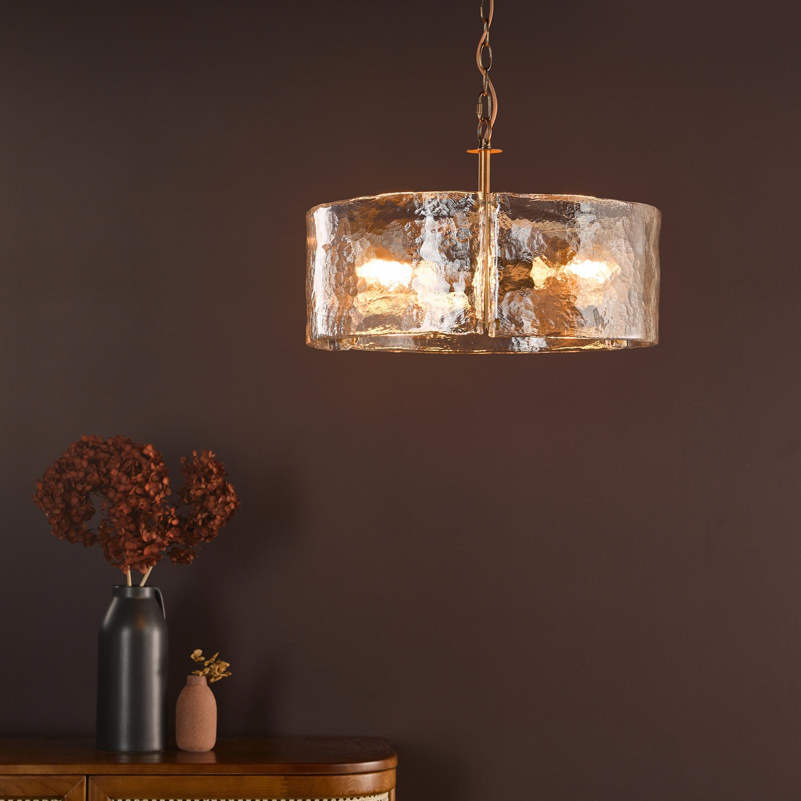 Ravis 3 Light Pendant Antique Bronze and Textured Glass
