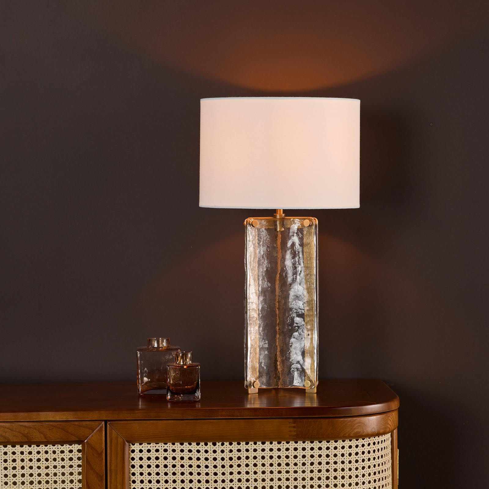 Ravis Table Lamp Antique Bronze and Textured Glass With Shade