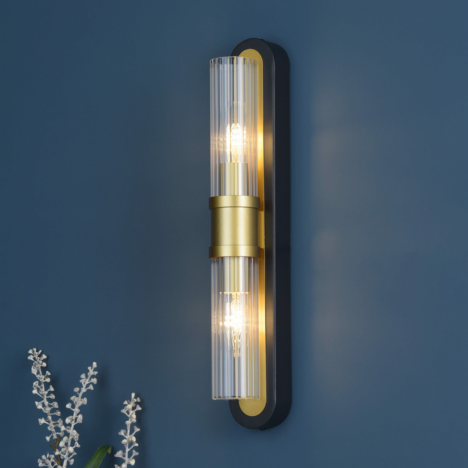 Rhian 2 Light Wall Light Matt Black and Ribbed Glass