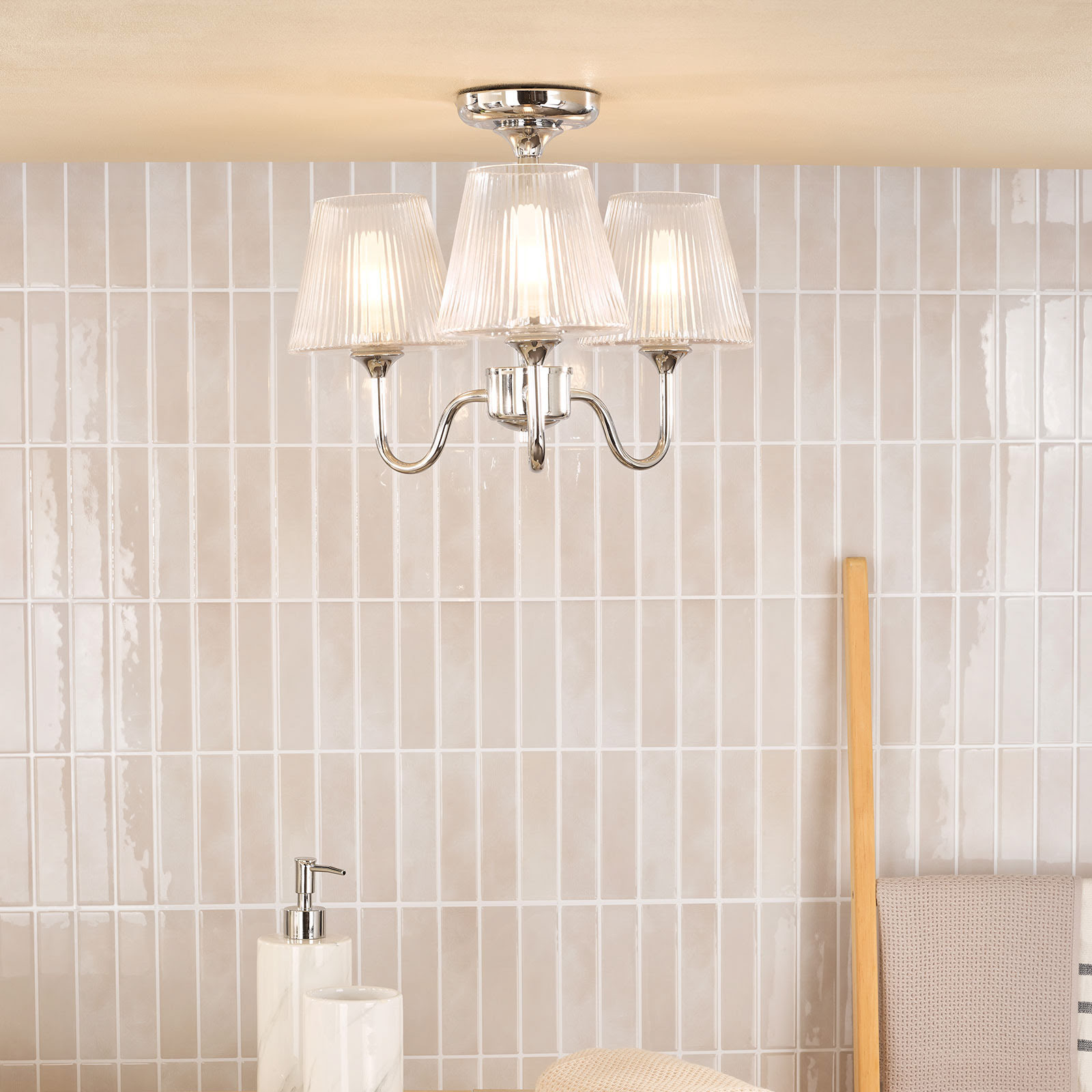 Rimaz 3 Light Bathroom Semi Flush Polished Chrome and Ribbed Glass IP44
