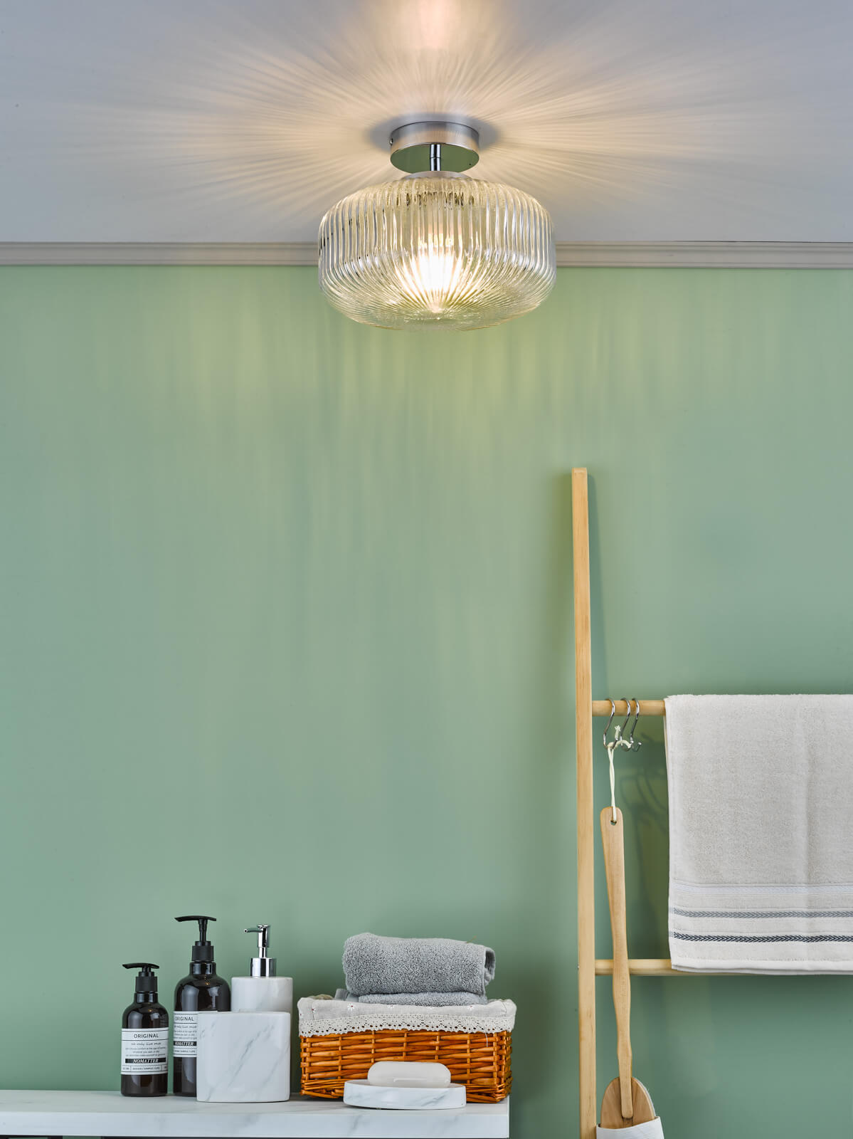 Riva Bathroom Ceiling Light Ribbed Glass and Polished Chrome IP44