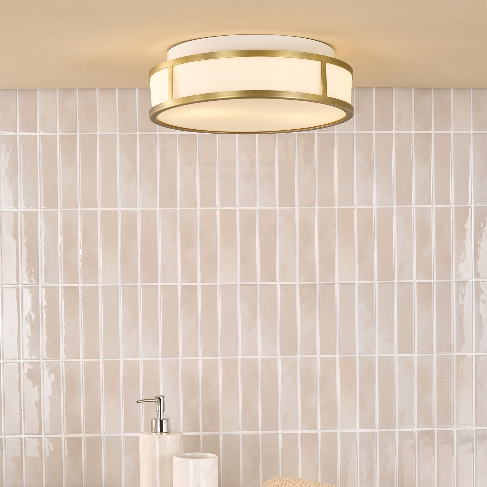 Royce 2 Light Bathroom Flush Matt Antique Brass and Opal Glass IP44